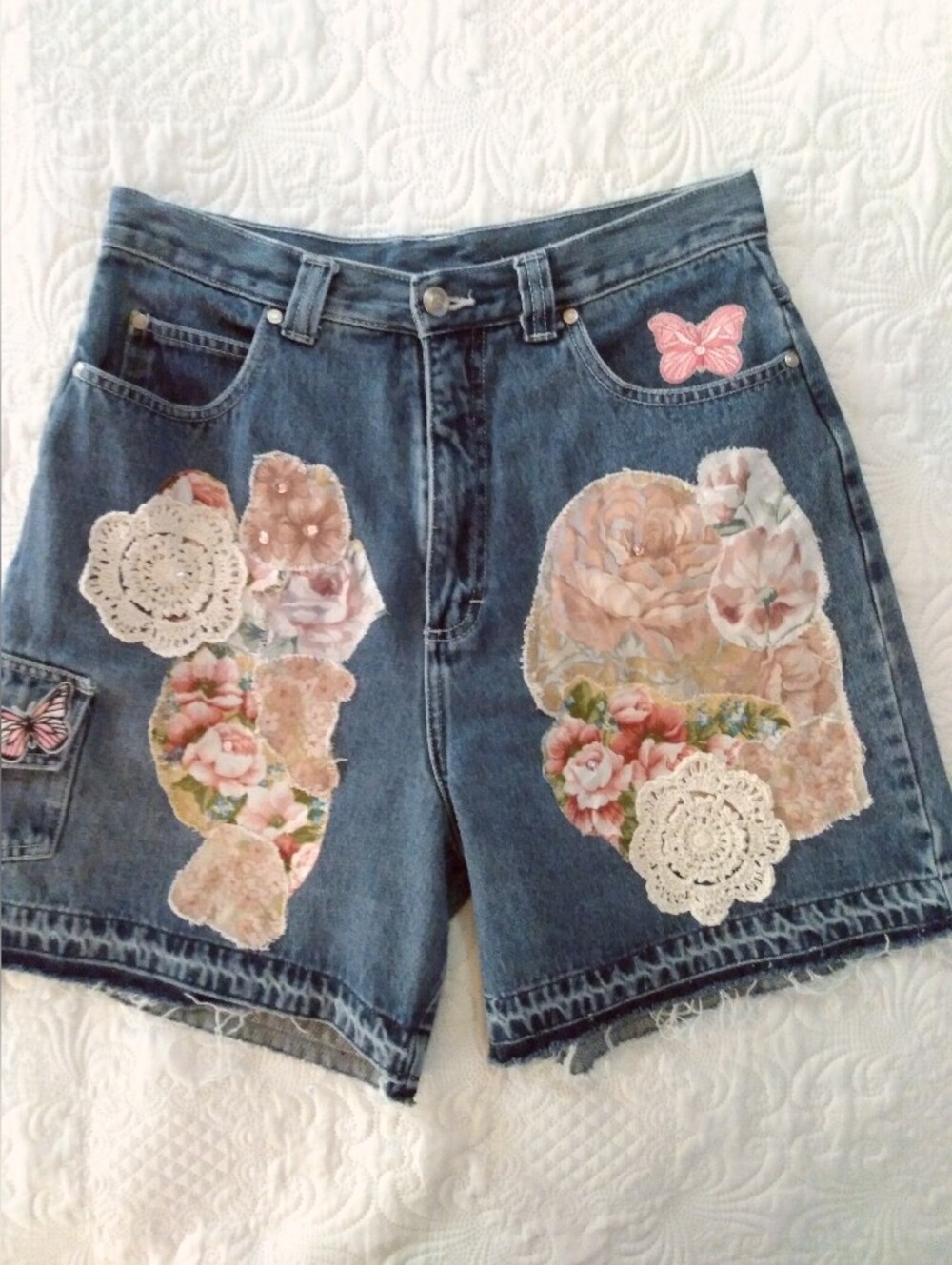 Upcycled Artsy Coquette Boho Festival Cottage Butterfly Floral Jean Shorts 13/14